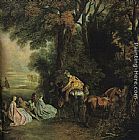 A halt during the chase by Jean-Antoine Watteau